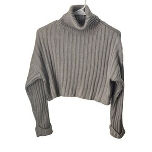Forever 21‎ Y2K Womens Grey Ribbed Knit Cropped Turtleneck Sweater Size S